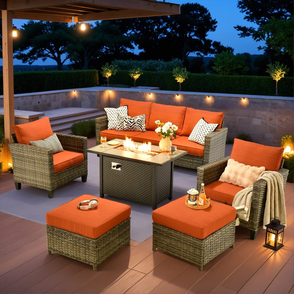 OVIOS 6-piece Patio Wicker Conversation Furniture Set With Fire Pit
