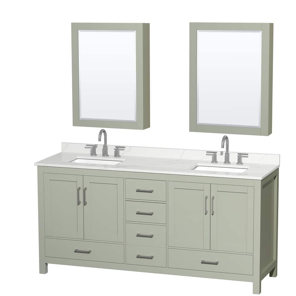 Sheffield 72-inch Double Vanity, 3 Hole Quartz Top, Med Cabinets