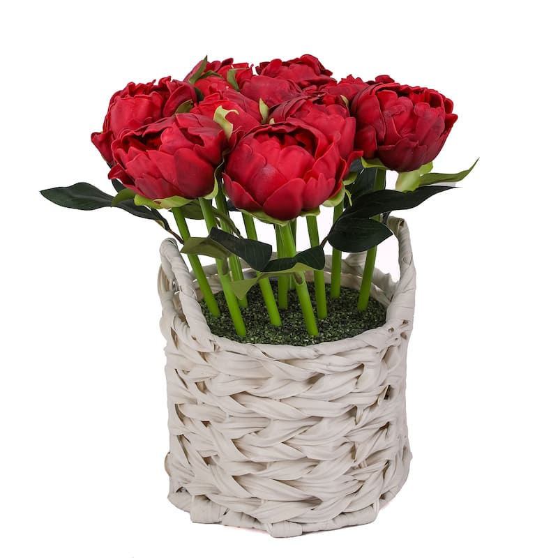 National Tree Company 10 in. Red Peony Flower Bouquet in White Basket - 10 in