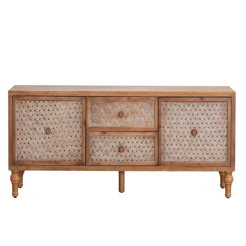Boho Rattan TV Stand with Drawers, Wooden Media Cabinet TV Console Entertainment Center for TVs 55 60 65 Inches