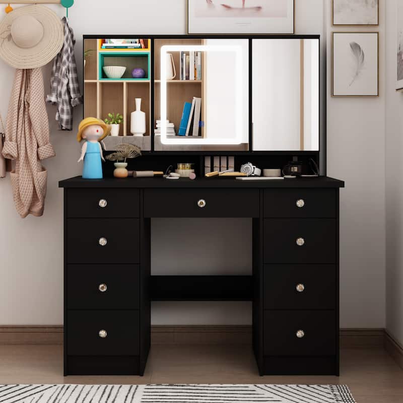 Vanity Desk with Mirror and Lights, Large Makeup Vanity Dressing Table - Black