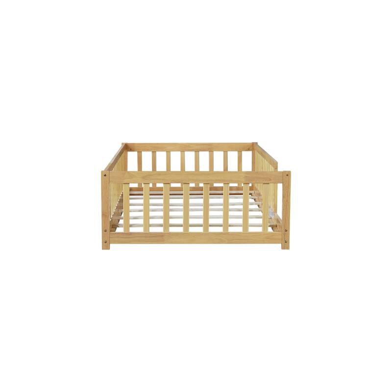 Twin Size Natural Rubber Wood Floor Bed with Safety Fence, Eco-Friendly and Easy Assembly