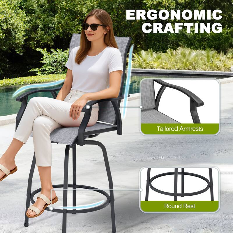 Patio 2-Piece Textilene Swivel Bar Stools with High Backrest, Gray
