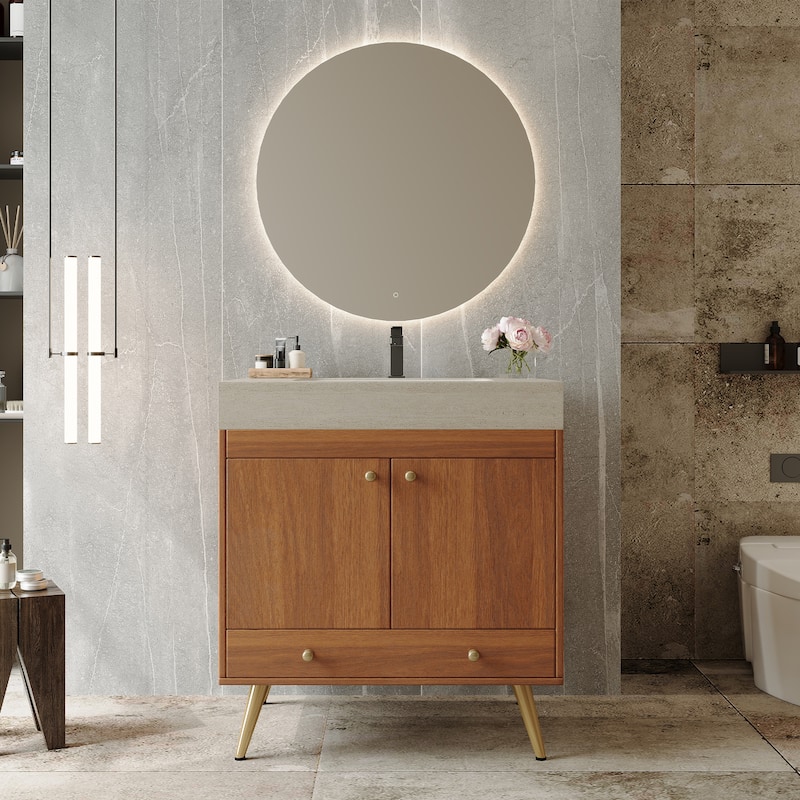 Free-standing Bathroom Vanity with Faux Marble Top & Ceramic Sink, 30" Double Door Storage Cabinet, Waterproof Engineered Wood - Brown
