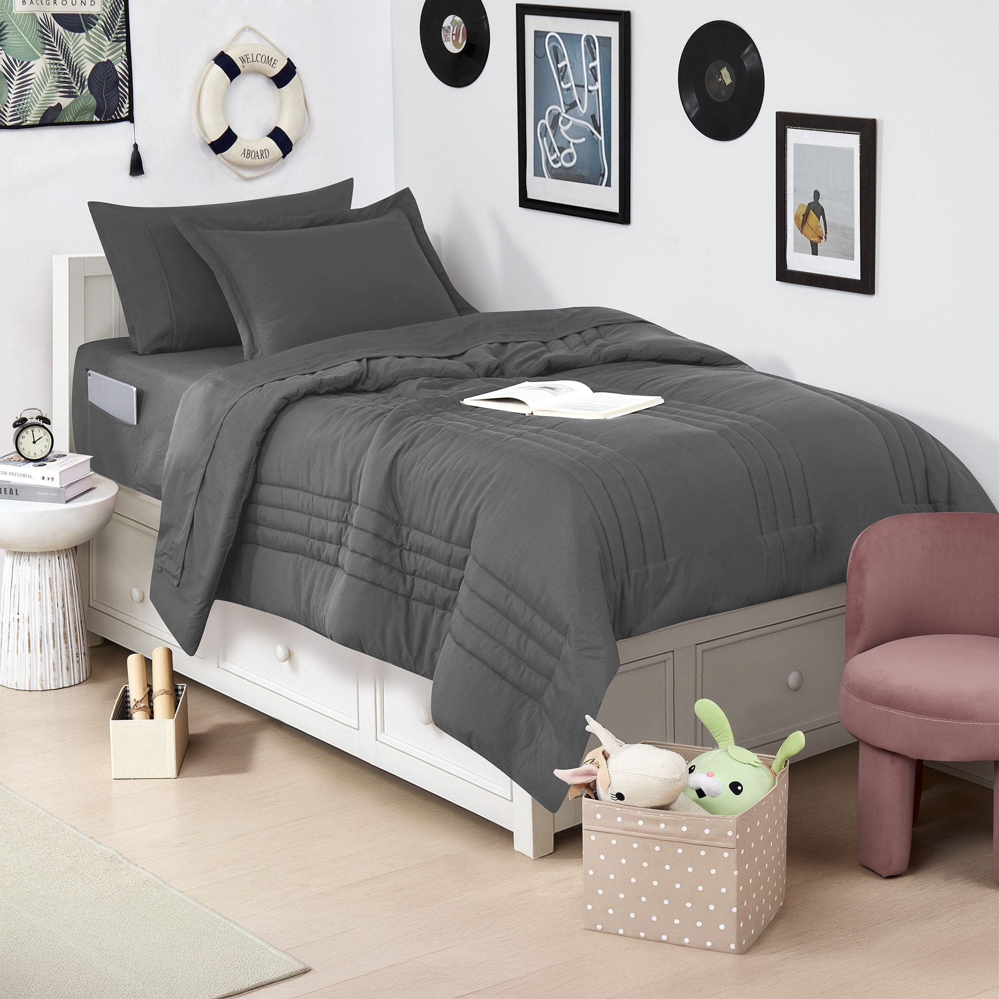 Sweet Home Collection 8 Piece Quilted Solid Stripe Comforter, Sheet Set and Mattress Protector Bedding Bundle