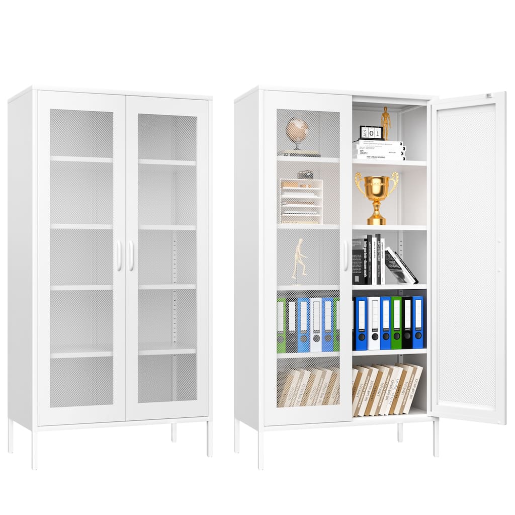 73 Inches High Metal Storage Cabinet With 2 Wire Mesh Doors, Suitable For Homes, Offices And Dining Rooms