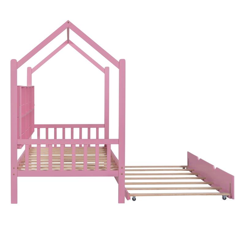 Pine Kids House Platform Bed with Trundle, Shelf, and Roof