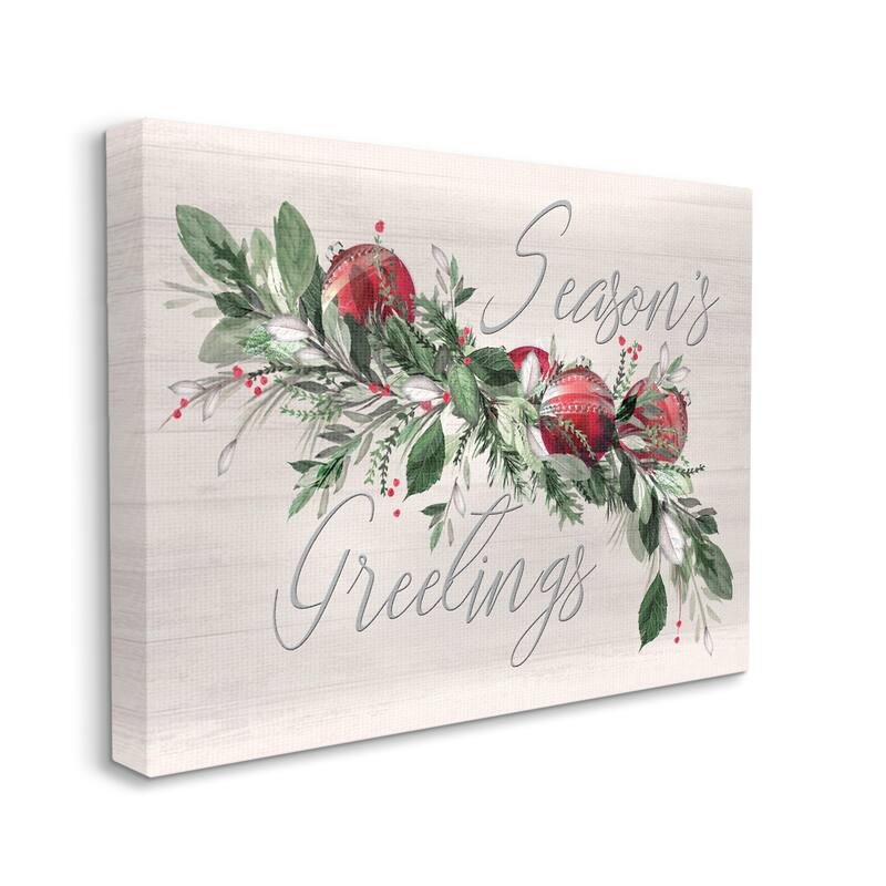 Stupell Festive Red Ornaments Winter Holly Season's Greetings Canvas Wall Art - Grey - 30 x 40