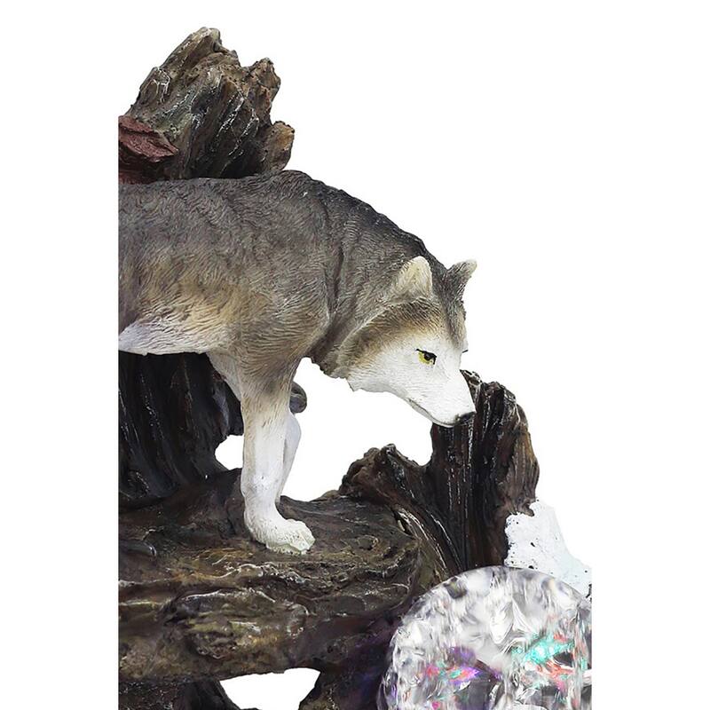 Eci 10 Inch Wolf Tabletop Water Fountain, LED Lights, Painted Gray Finish