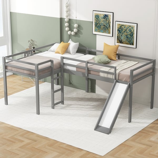 slide 2 of 8, Gray Twin Size Solid Pine Wood L-Shaped Loft Bed with Slide and Widened Ladder Gray