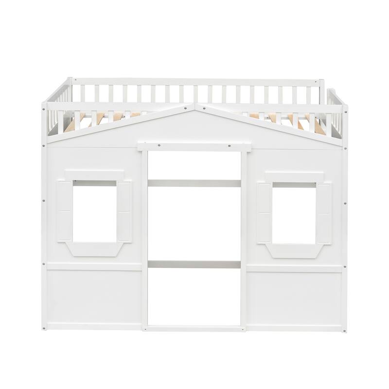 White Twin Size Solid Wood House Loft Bed with Ladder