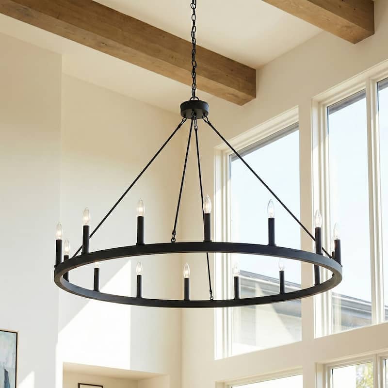 Modern Farmhouse Black Round Wagon Wheel Chandelier