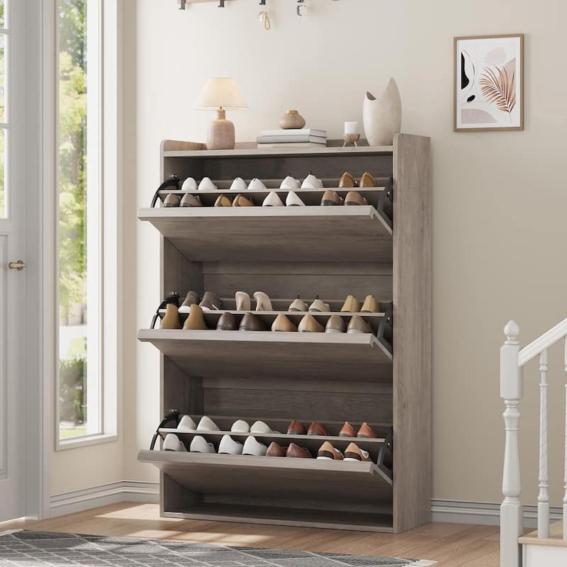 Shoe Cabinet with 3/2/4 Flip Drawers, Modern Shoe Storage for Entryway, Wooden Shoe Organizer Cabinet - 3-Drawers gray