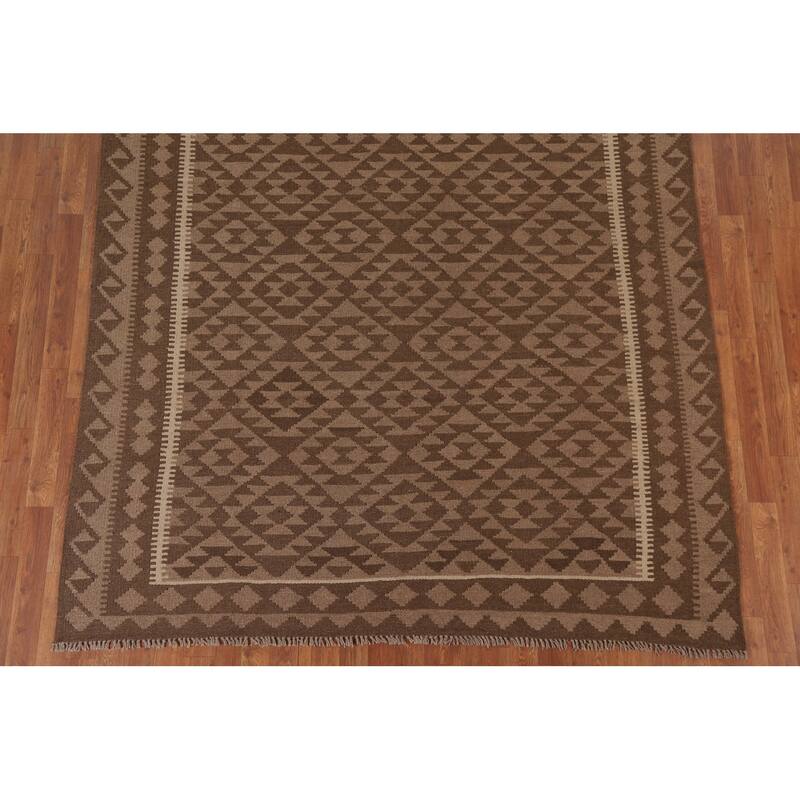 Hand Woven Oriental 100% Wool Carpet Southwestern Geometric Brown Kilim Area Rug - 10' 0'' X 6' 7''