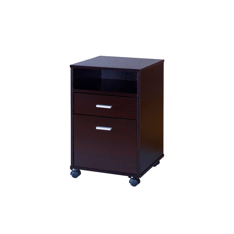 Home office desk with modesty panel and detached file cabinet on locking wheels with two drawer