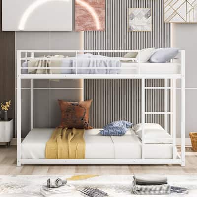 Full over Full Low Bunk Bed with Ladder, White Metal Frame
