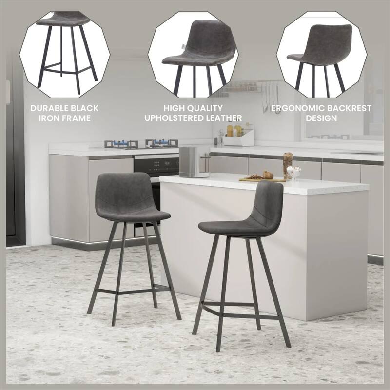 Elland Leather Bar Stool - Modern Counter Height Stool with Black Stainless Steel Legs for Kitchen Island or Home Bar Set of 2