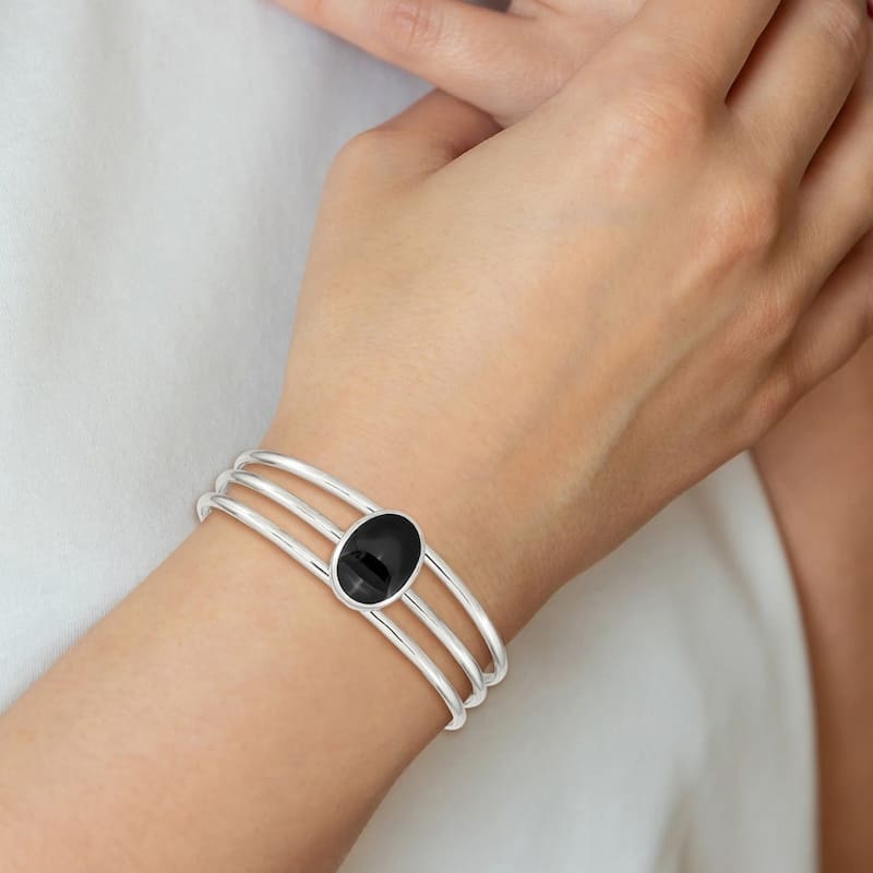 Curata 925 Sterling Silver Polished Simulated Onyx Three Strand Cuff Stackable Bangle Bracelet