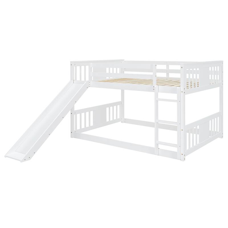 Full over Full Bunk Bed with Built-in Ladder and Slide, Wooden Full Size Floor Bunk Bed Frame