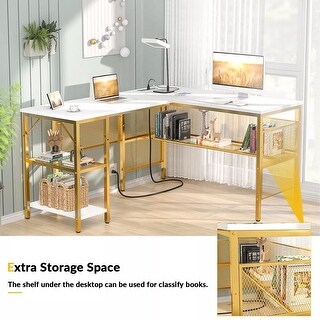 55" L Shaped Desk Reversible Desk Storage USB & 4 Outlet White & Gold ...