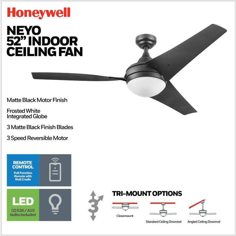 52" Honeywell Neyo Contemporary Indoor LED Ceiling Fan with Light, Remote Control