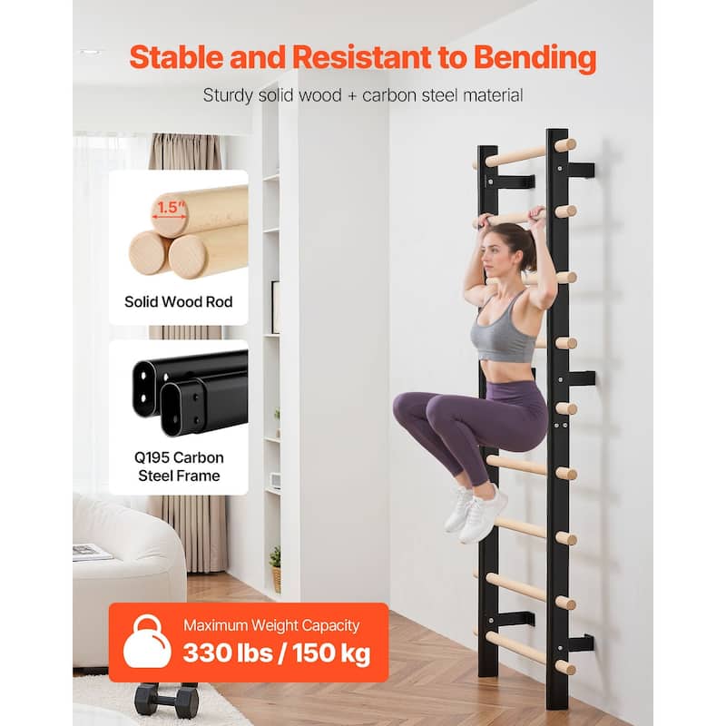 9 Level Multi Purpose Swedish Ladder Heavy Duty Carbon Steel Frame with Solid Beech Wood Rungs for Home Gym
