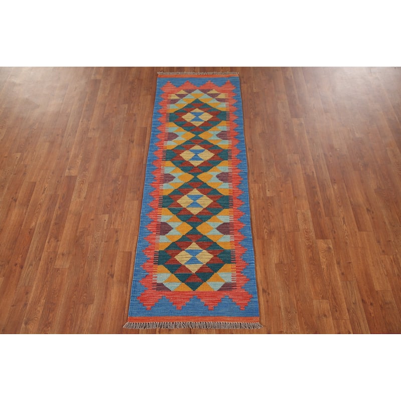 Geometric Multicolor Kilim Runner Rug Hand-Woven Wool Carpet - 2'2"x 6'6"