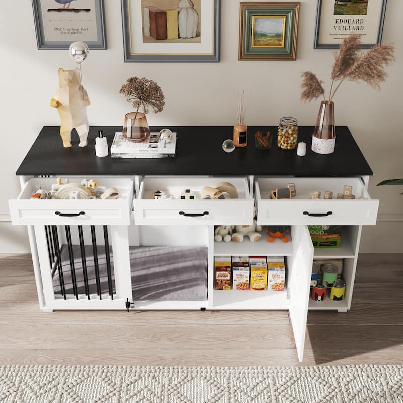 66.9"W Dog Crate Furniture Heavy Duty Dog Kennel with 6 Drawers End Table