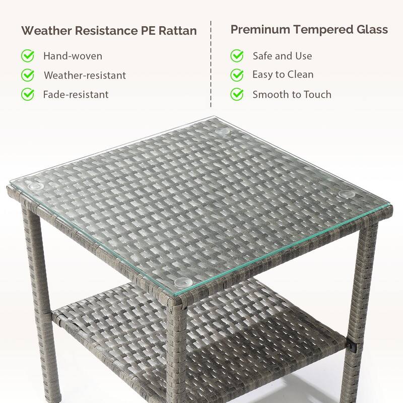 Square Outdoor Tea End Table Wicker Rattan Steel Frame with Tempered Glass Patio Balcony Garden - 17.52" L x 17.52" W x 18.5" H
