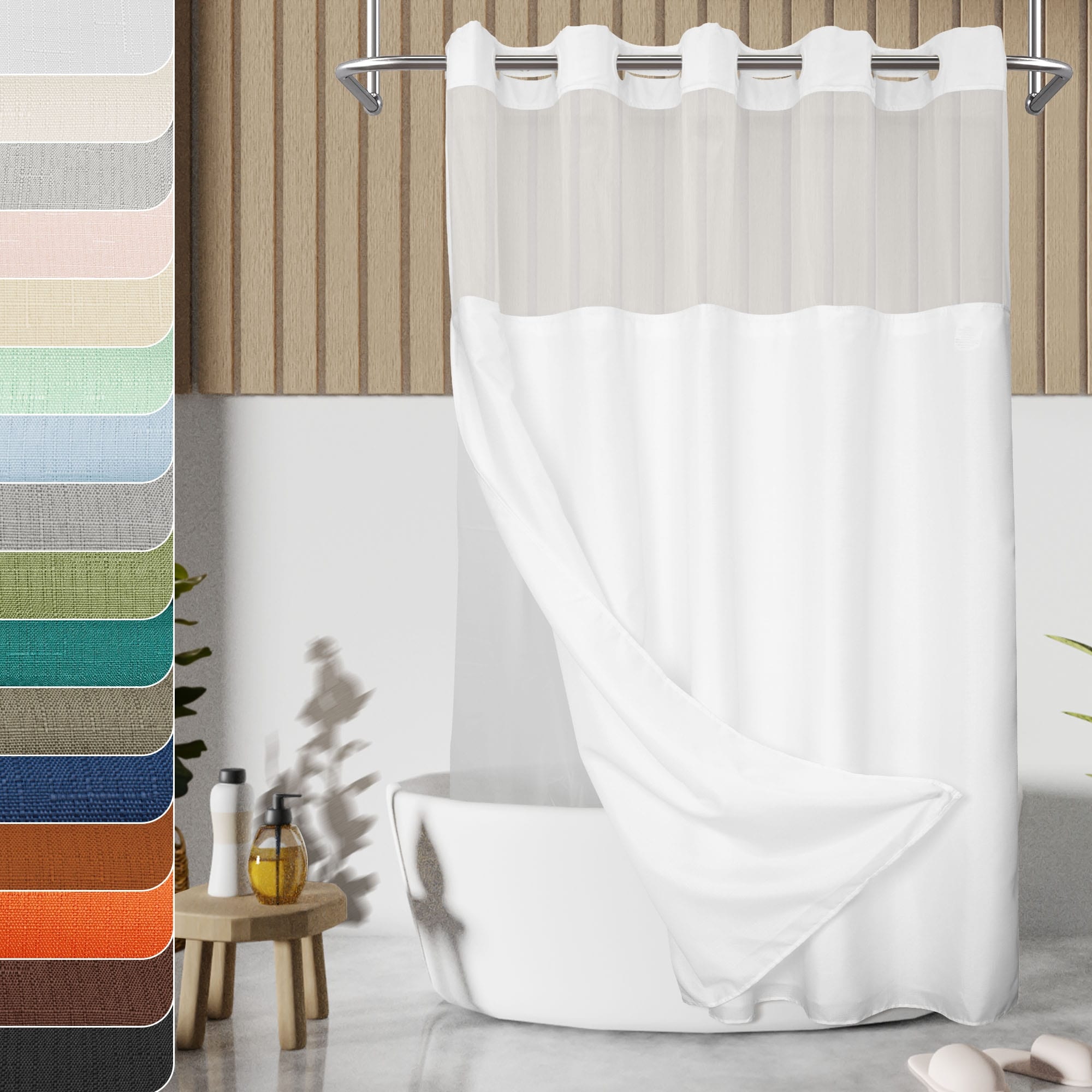 No Hook Slub Linen Texture Shower Curtain with PEVA Snap-in Liner