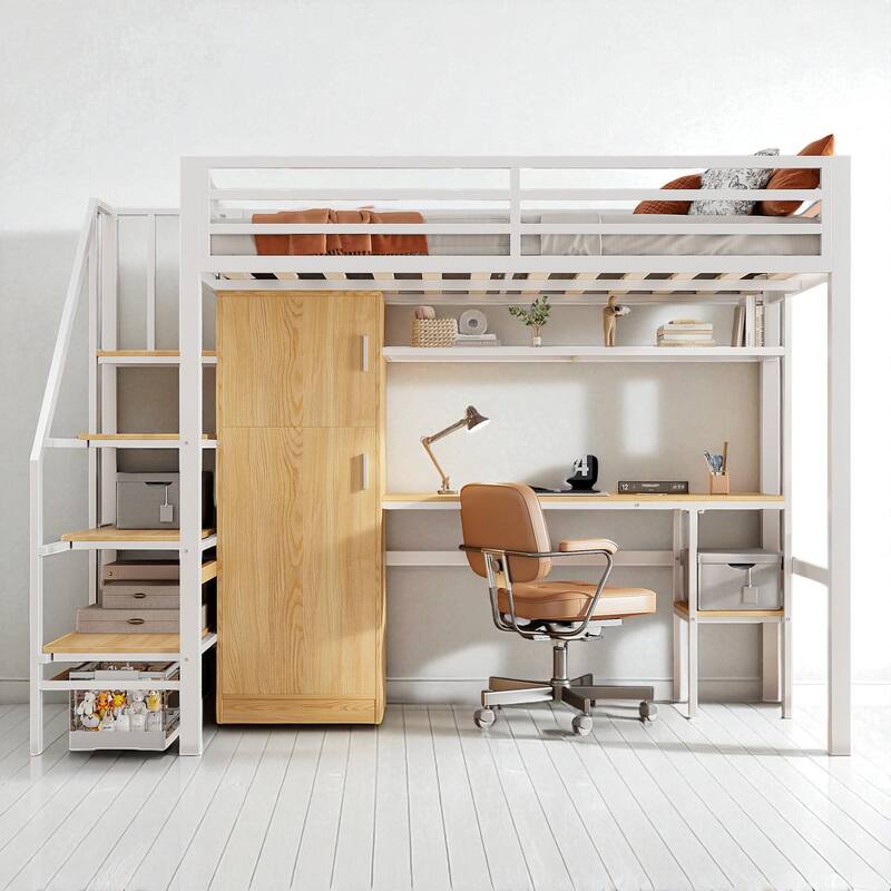 Metal Twin Loft Bed with Desk, Wardrobe, Shelf, and Storage Staircase, No Box Spring Needed