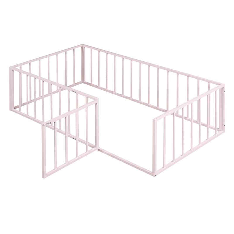 Twin Size Metal Floor Bed Frame with Fence and Door, Pink