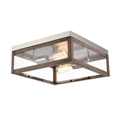 Halifax Rustic Farmhouse Flush Mount Ceiling Light Brush Nickel with Wood Grain Finish 2-Lights - Nickel & Wood Grain