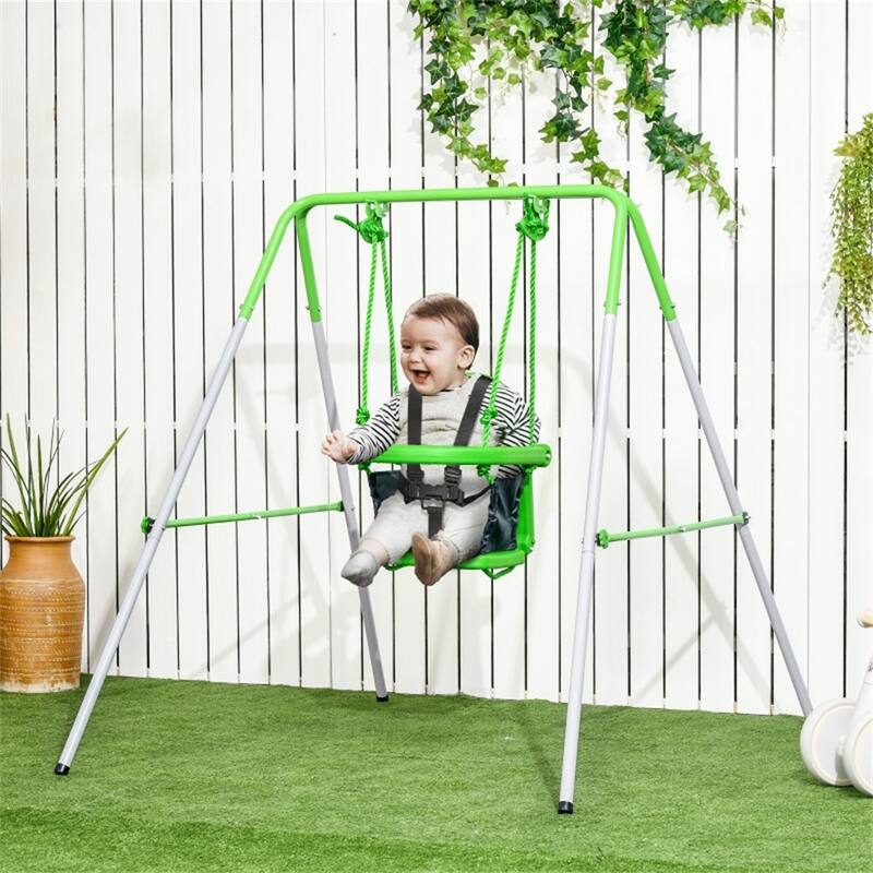 Green Steel and PE Kids Swing Set with Safety Belt and Anti-Slip Pads - 57.5" L x 48" W x 48" H