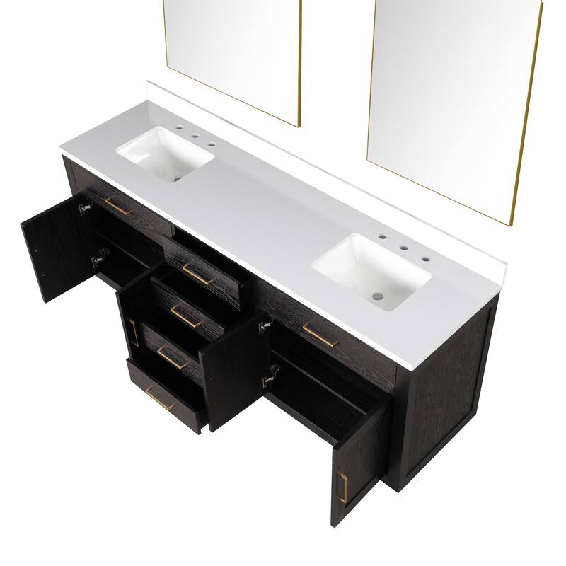 Abbey 60 in W x 22 in D Black Oak Double Bath Vanity, White Quartz Top, and 28 in Mirrors