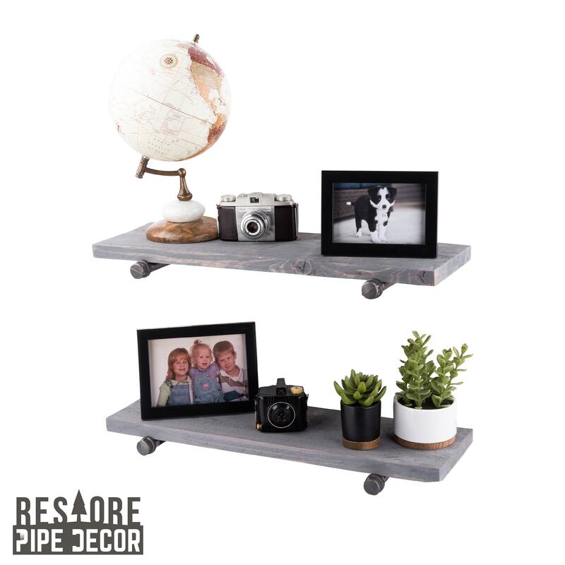Restore Wood 24 in. Wall Shelf Straight Steel Pipe Brackets, Set of 2 - Riverstone Grey