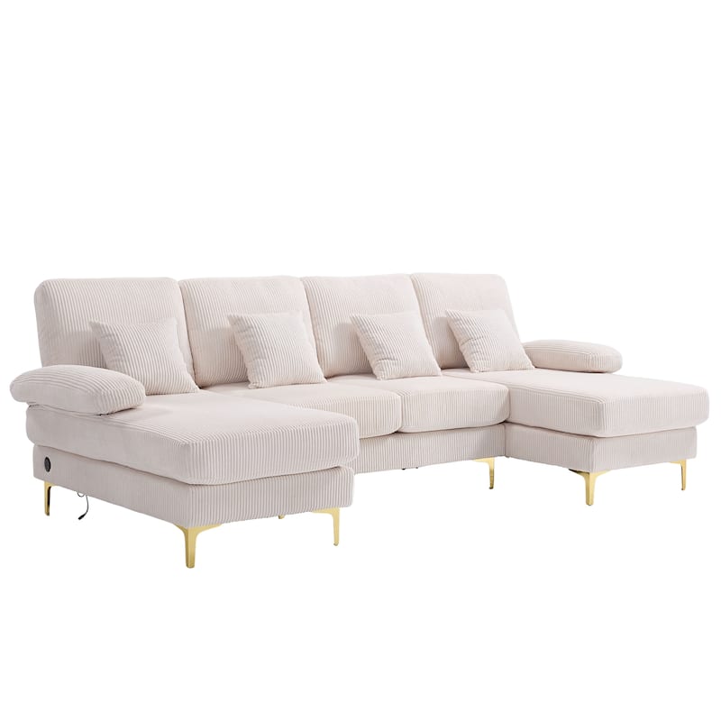 HOMEFUN Corduroy Upholstered U-shaped Adjustable Light Modular Sectional Sofa With Type-C and USB ports