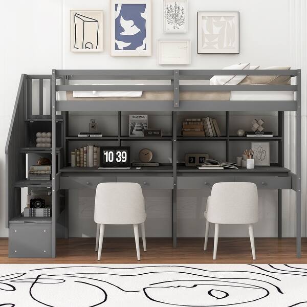 slide 2 of 39, Twin Size All-in-One Loft Bed with Double Desk and Shelves, Storage Staircase, Guardrails, Wood Slat Support for Bedroom Dorm Grey - Twin