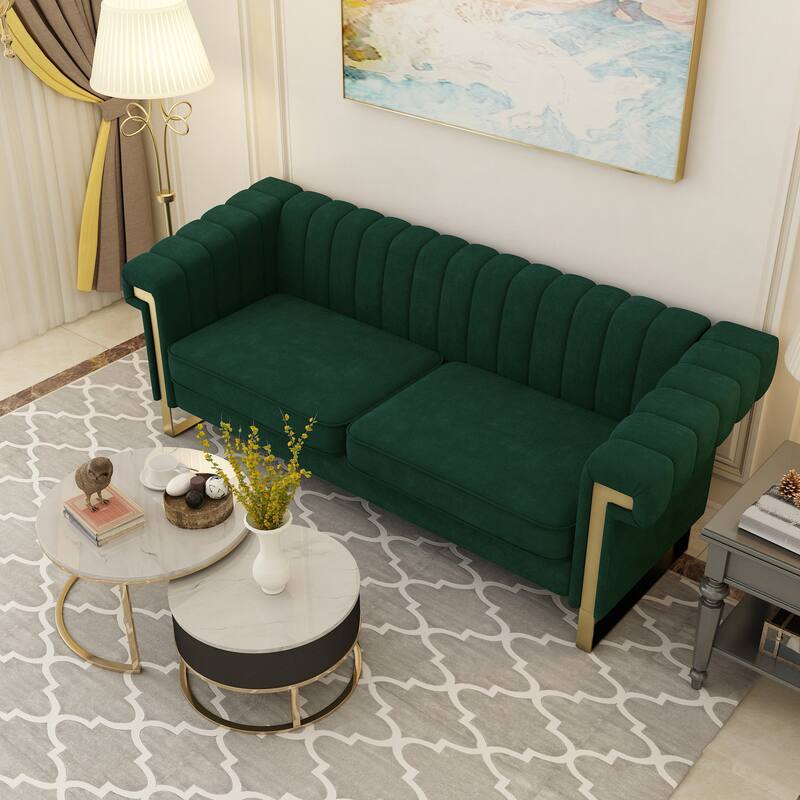 Green 83.85'' Velvet 3-Seater Couch with Decorative Armrests and Gold Accents