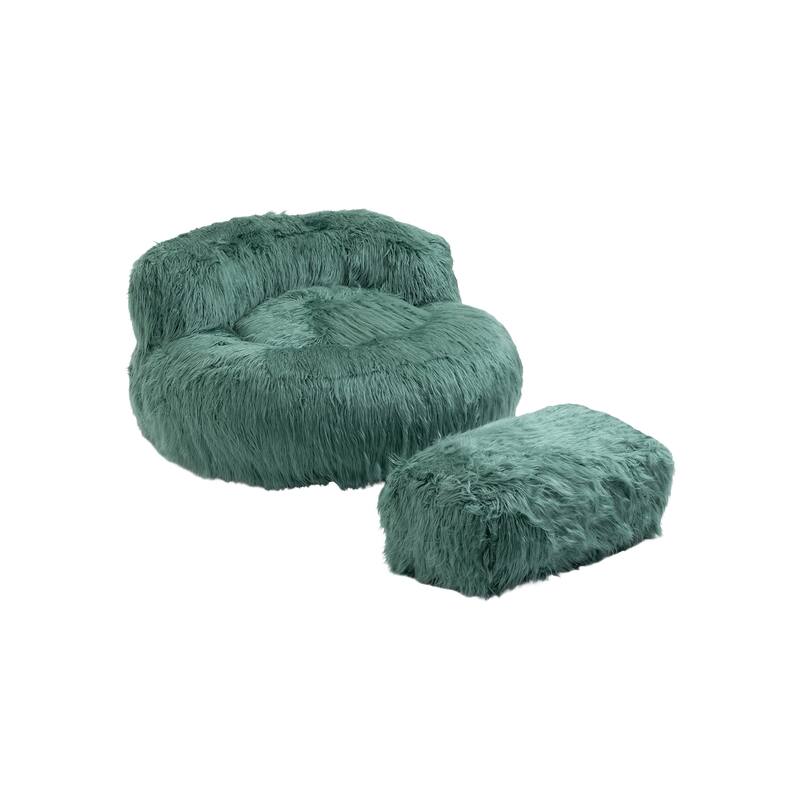 Plush Upholstered Round Comfort Lounger Bean Bag Chair with Ottoman