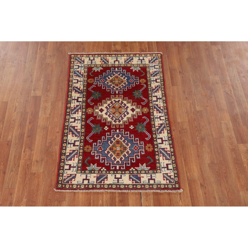 Geometric Red Kazak Accent Rug Hand-Knotted Foyer Wool Carpet - 2'9" x 4'1"