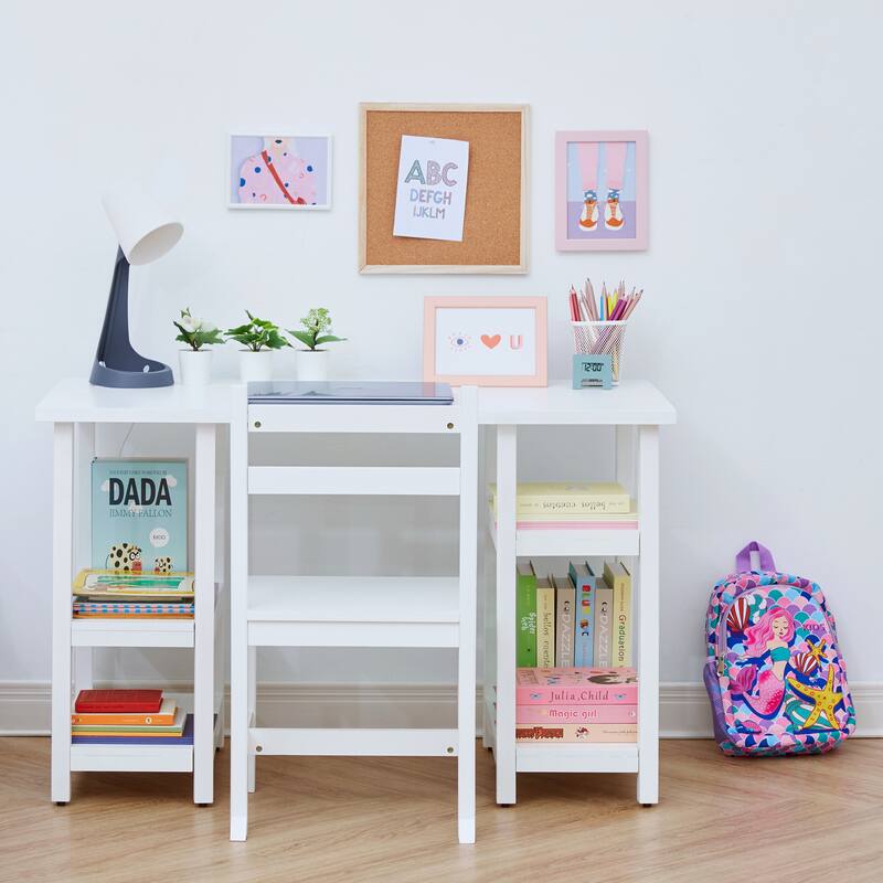 Fantasy Fields - Kids Wooden Desk & Chairs Set - White - 40"W x 17.5"L x 25.5"H