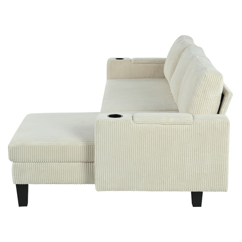 Reversible L-Shaped Sectional Sofa with Storage Chaise, USB Ports, Arm Cup Holder, Modern Corduroy Sleeper Couch for Living Room