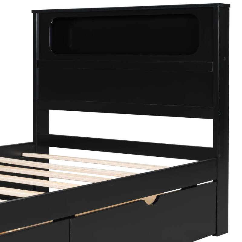 GDFStudio - Wooden Gaming Platform Bed with LED Headboard, Desk, USB and Storage Drawers