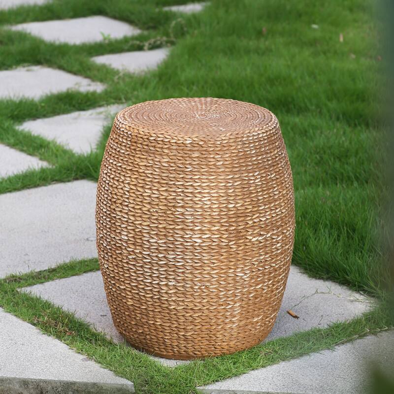 Roomfitters Nydia Outdoor Drum Shaped Side Table with Woven Straw Texture, Weather Resistant MGO, Brown - Brown