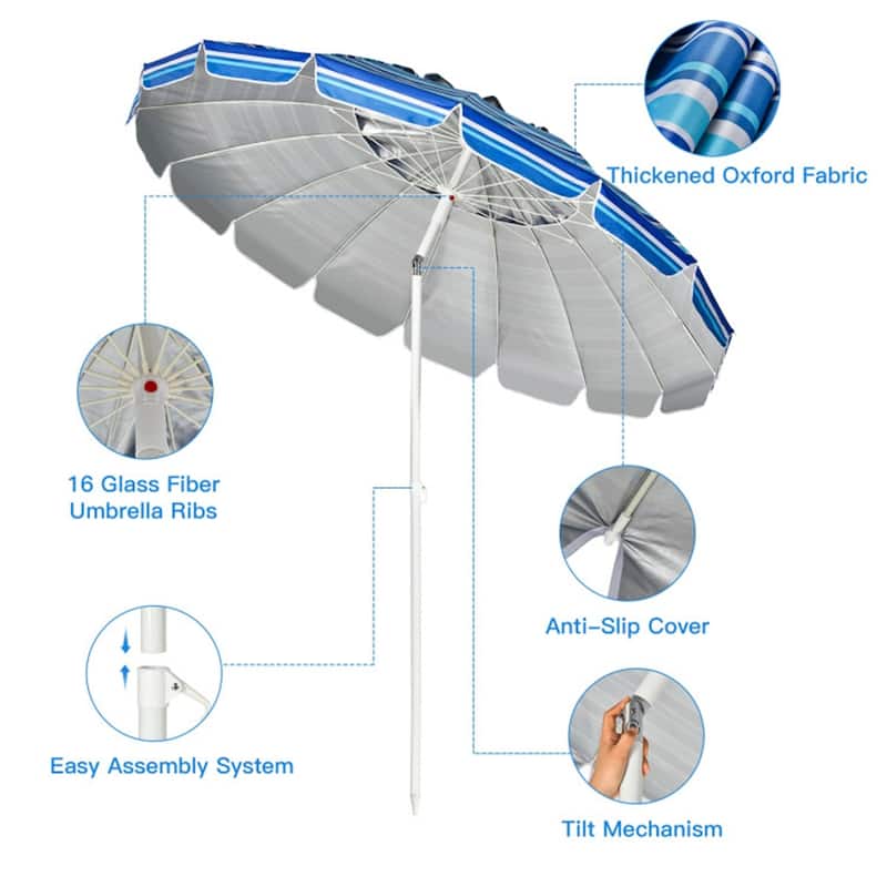 Large 8ft Beach Umbrella with Tilt and 16 Fiberglass Ribs for Beach or Patio Carry Bag Included