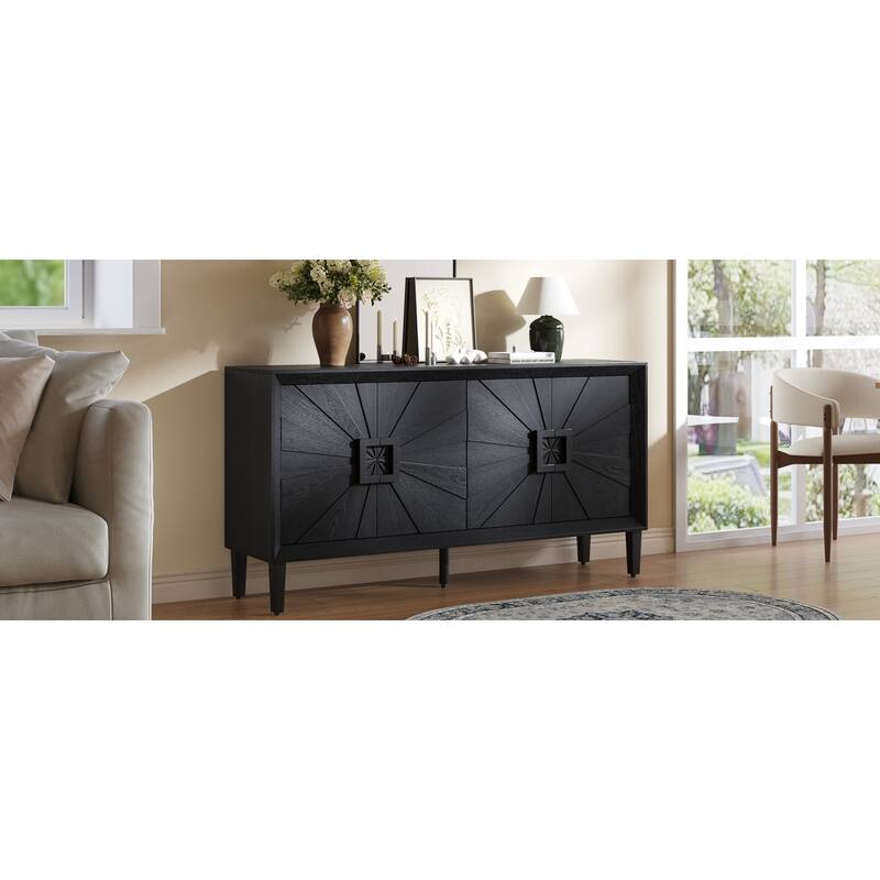 Sideboard Buffet Cabinet with Sunburst 4 Doors, Heavy-Duty Wooden Storage Cabinet, Accent Cabinet with Adjustable Shelves