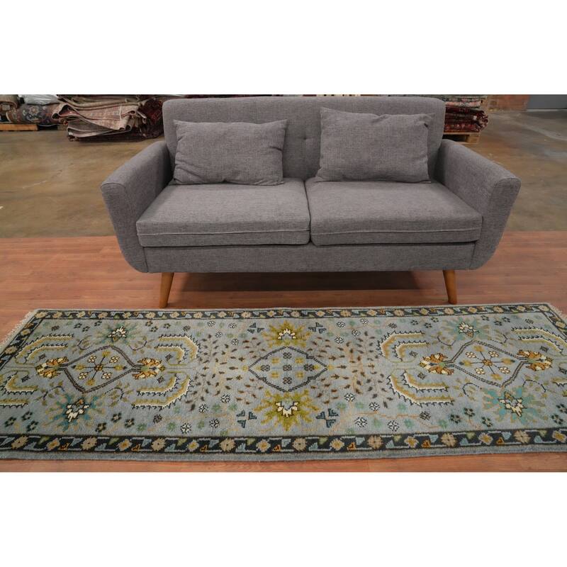 Hand Knotted Oriental 100% Wool Carpet Transitional All-Over Greys & Charcoal Oushak Runner Rug - 7' 11'' X 2' 6''