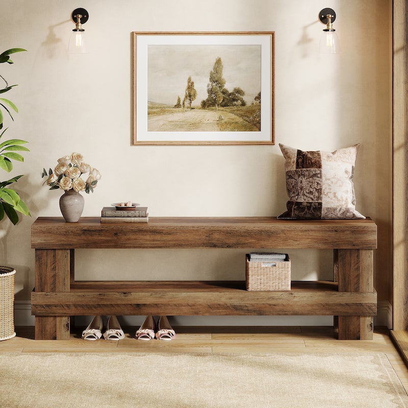 59-inch Entryway Shoe Bench with 2-tier Storage Shelf
