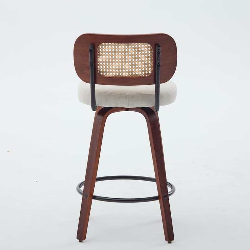 Linen Upholstered Swivel Bar Stools Set of 2, Counter Height Bar Stools with Rattan Back, Kitchen Island Chairs with Footrest